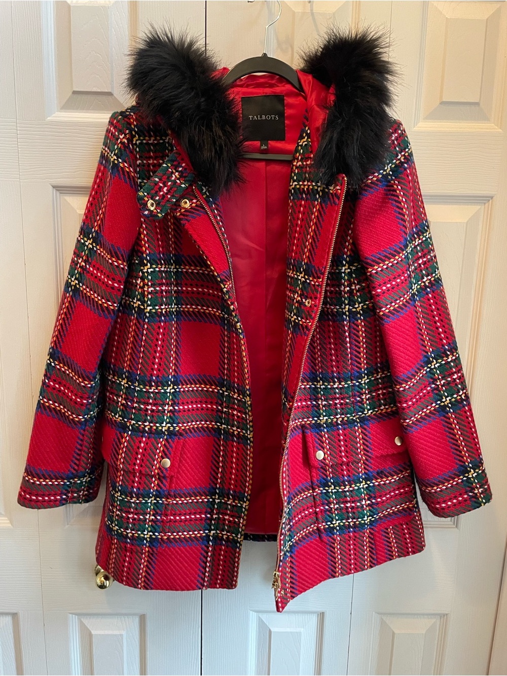 Talbots Red Plaid Wool Blend Hooded Coat with Faux Fur Trim Size L NWOT